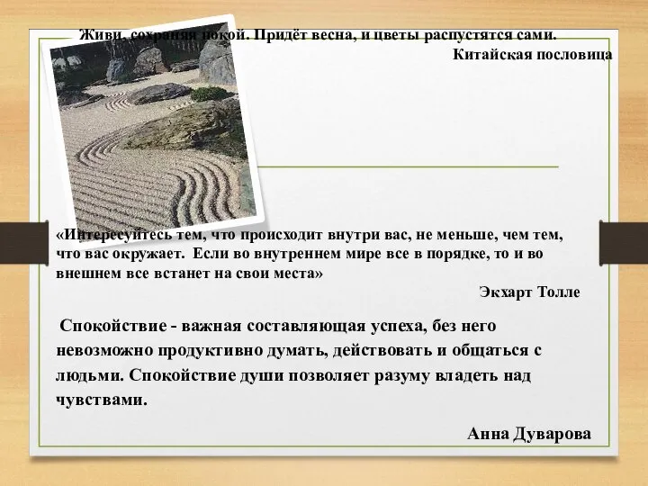 Спокойствие - важная составляющая успеха, без него невозможно продуктивно думать, действовать и