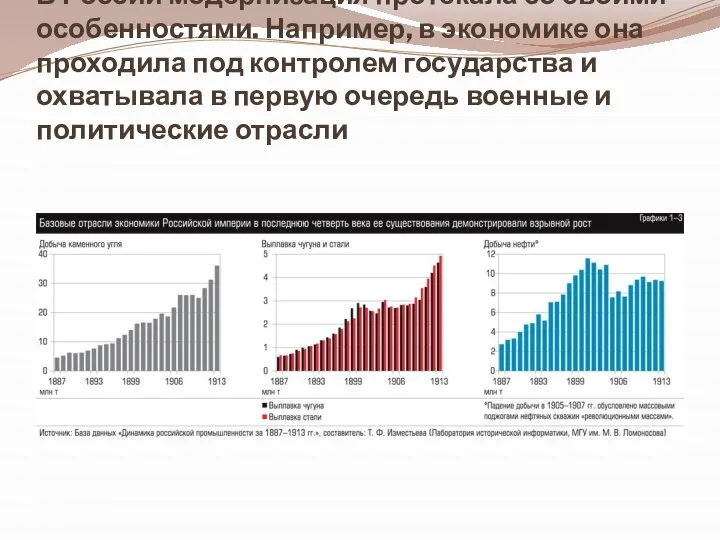 В России модернизация протекала со своими особенностями. Например, в экономике она проходила