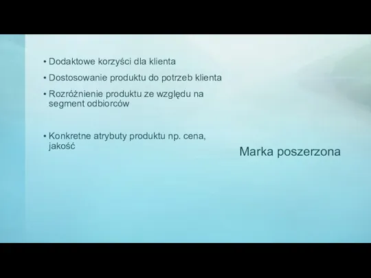 Marka poszerzona Dodaktowe korzyści dla klienta Dostosowanie produktu do potrzeb klienta Rozróżnienie