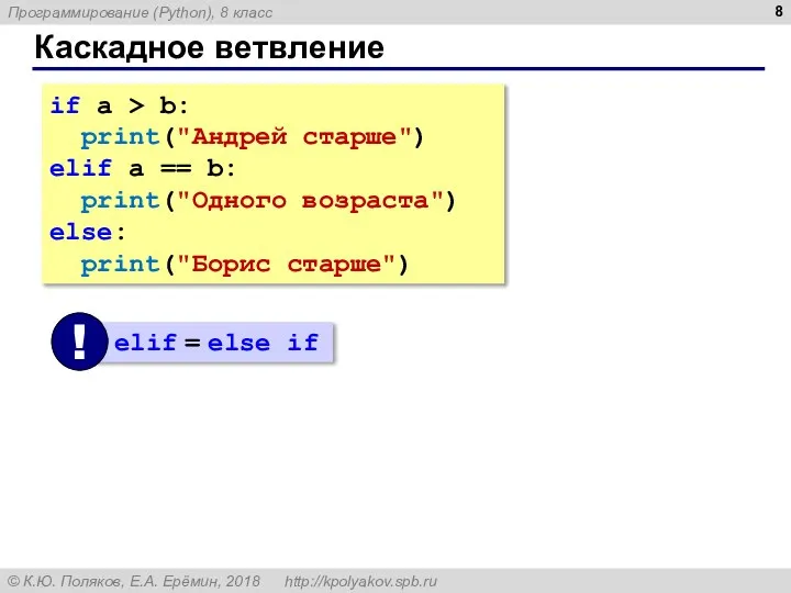 Каскадное ветвление if a > b: print("Андрей старше") elif a == b: