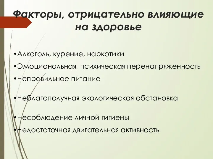 Факторы, отрицательно влияющие на здоровье Алкоголь, курение, наркотики Эмоциональная, психическая перенапряженность Неправильное