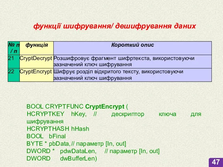 функції шифрування/ дешифрування даних BOOL CRYPTFUNC CryptEncrypt ( HCRYPTKEY hKey, // дескриптор