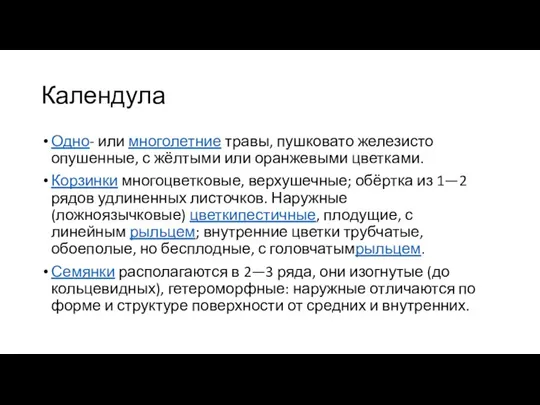 Календула Одно- или многолетние травы, пушковато железисто опушенные, с жёлтыми или оранжевыми