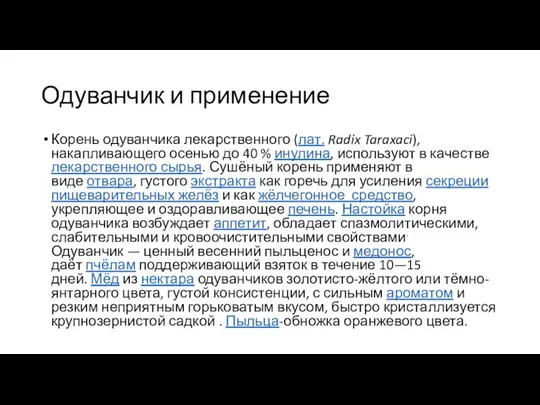 Одуванчик и применение Корень одуванчика лекарственного (лат. Radix Taraxaci), накапливающего осенью до