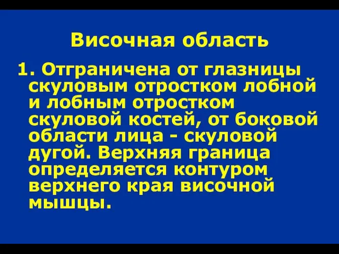 Височная область 1. Отграничена от глазницы скуловым отростком лобной и лобным отростком