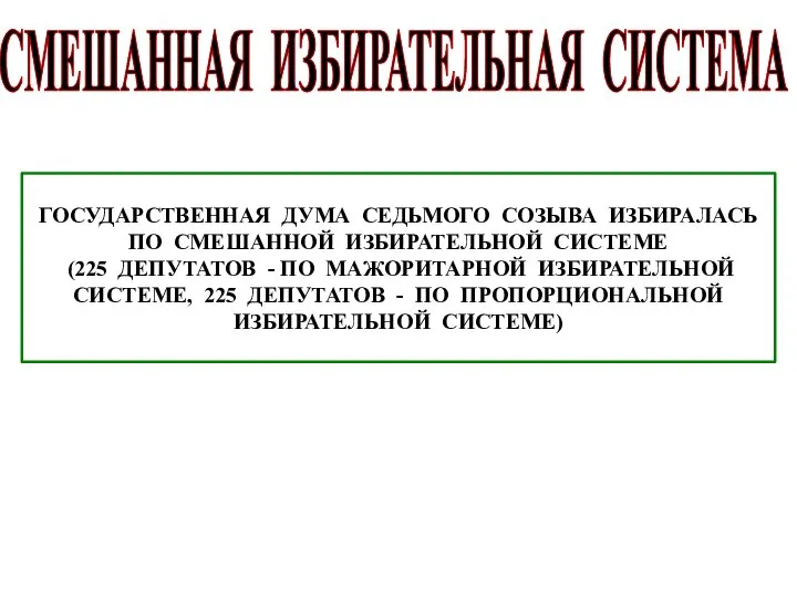 СМЕШАННАЯ ИЗБИРАТЕЛЬНАЯ СИСТЕМА ПРЕДСТАВЛЯЕТ СОБОЙ СОЧЕТАНИЕ МАЖОРИТАРНОЙ И ПРОПОРЦИОНАЛЬНОЙ СИСТЕМЫ ГОСУДАРСТВЕННАЯ ДУМА