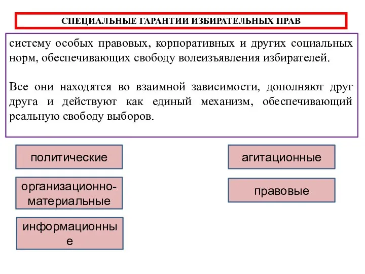 СПЕЦИАЛЬНЫЕ ГАРАНТИИ ИЗБИРАТЕЛЬНЫХ ПРАВ систему особых правовых, корпоративных и других социальных норм,