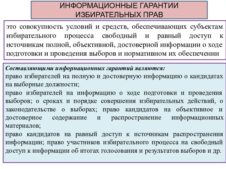 ИНФОРМАЦИОННЫЕ ГАРАНТИИ ИЗБИРАТЕЛЬНЫХ ПРАВ это совокупность условий и средств, обеспечивающих субъектам избирательного