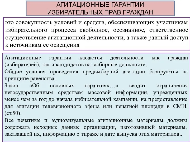 АГИТАЦИОННЫЕ ГАРАНТИИ ИЗБИРАТЕЛЬНЫХ ПРАВ ГРАЖДАН это совокупность условий и средств, обеспечивающих участникам