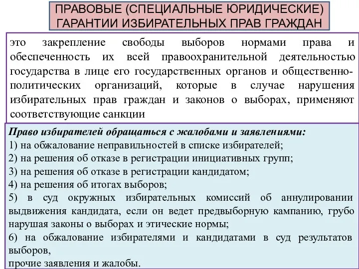 ПРАВОВЫЕ (СПЕЦИАЛЬНЫЕ ЮРИДИЧЕСКИЕ) ГАРАНТИИ ИЗБИРАТЕЛЬНЫХ ПРАВ ГРАЖДАН это закрепление свободы выборов нормами