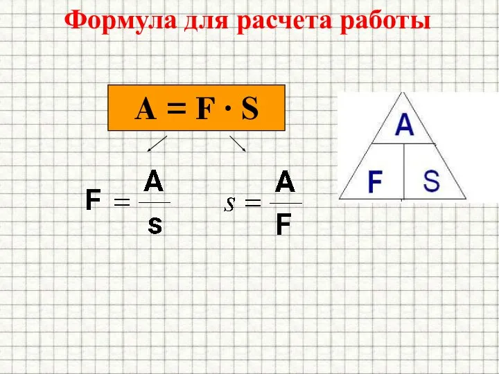 A = F ∙ S Формула для расчета работы