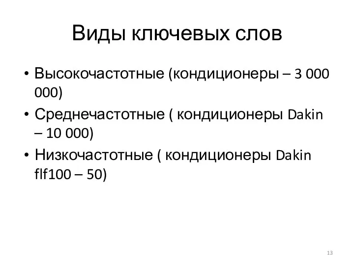 Виды ключевых слов Высокочастотные (кондиционеры – 3 000 000) Среднечастотные ( кондиционеры