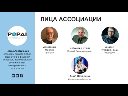 ЛИЦА АССОЦИАЦИИ Александр Фролов Президент Владимир Иткин Первый Вице-президент. Андрей Лупандин Вице-президент