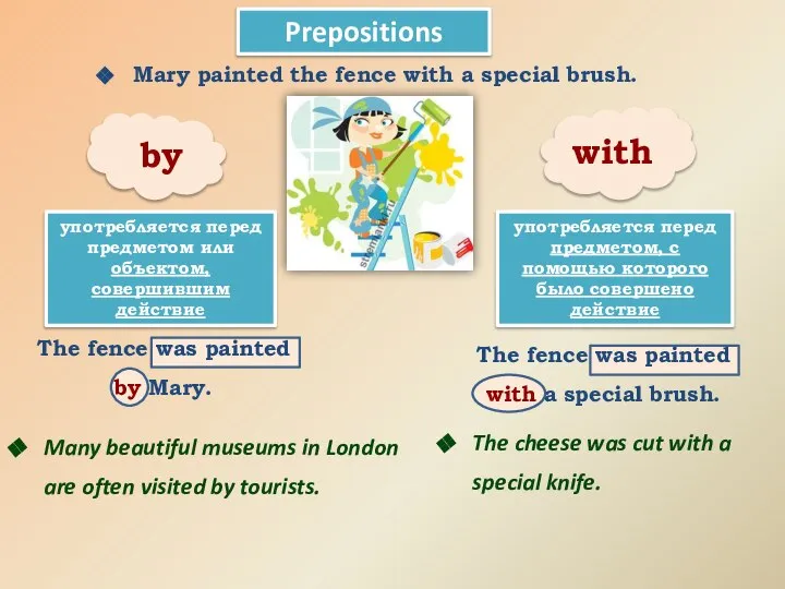 Prepositions by with употребляется перед предметом или объектом, совершившим действие употребляется перед