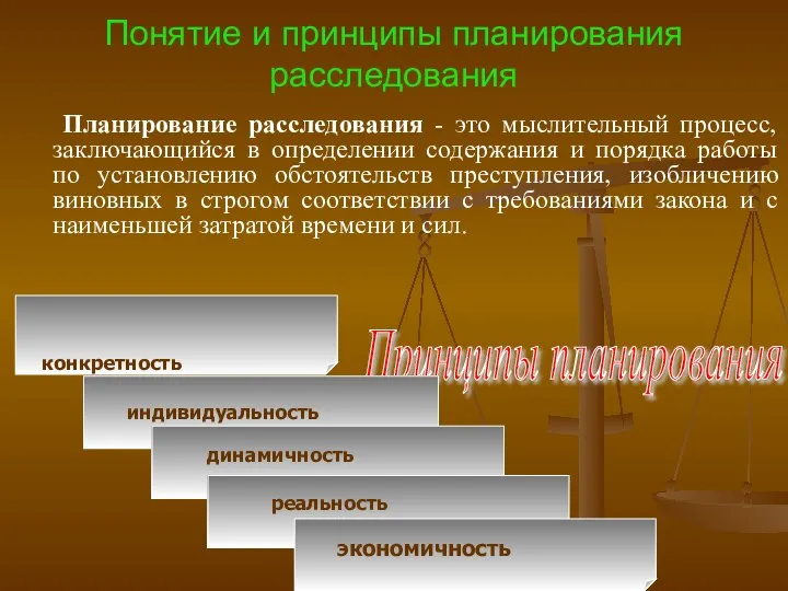 Понятие и принципы планирования расследования Планирование расследования - это мыслительный процесс, заключающийся