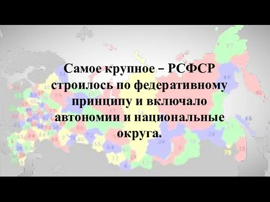 Самое крупное – РСФСР строилось по федеративному принципу и включало автономии и национальные округа.