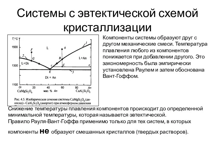 Системы с эвтектической схемой кристаллизации Компоненты системы образуют друг с другом механические