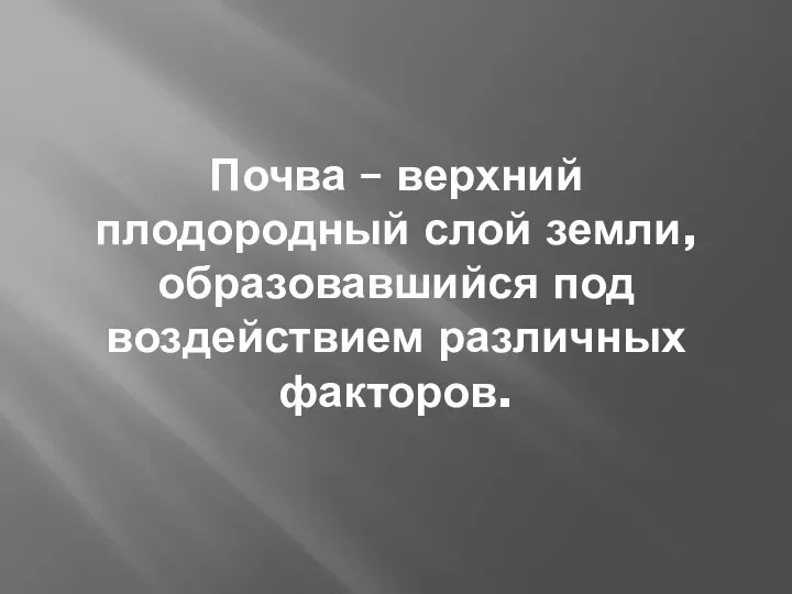 Почва – верхний плодородный слой земли, образовавшийся под воздействием различных факторов.