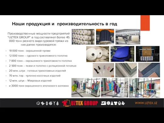 WWW.UZTEX.UZ Наши продукция и производительность в год Производственные мощности предприятий “UZTEX GROUP”