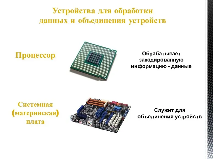 Устройства для обработки данных и объединения устройств Процессор Системная (материнская) плата Обрабатывает