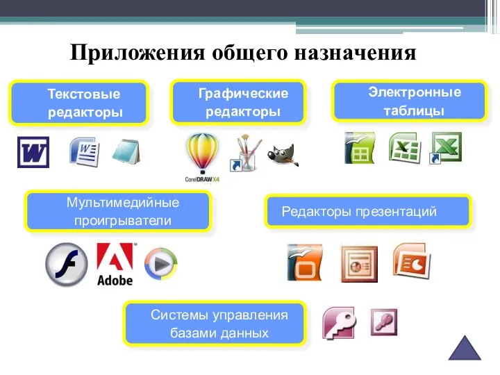 Редакторы презентаций Текстовые редакторы Электронные таблицы Графические редакторы Системы управления базами данных