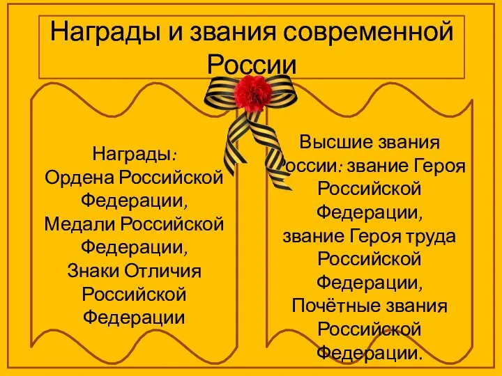 Награды и звания современной России Награды: Ордена Российской Федерации, Медали Российской Федерации,