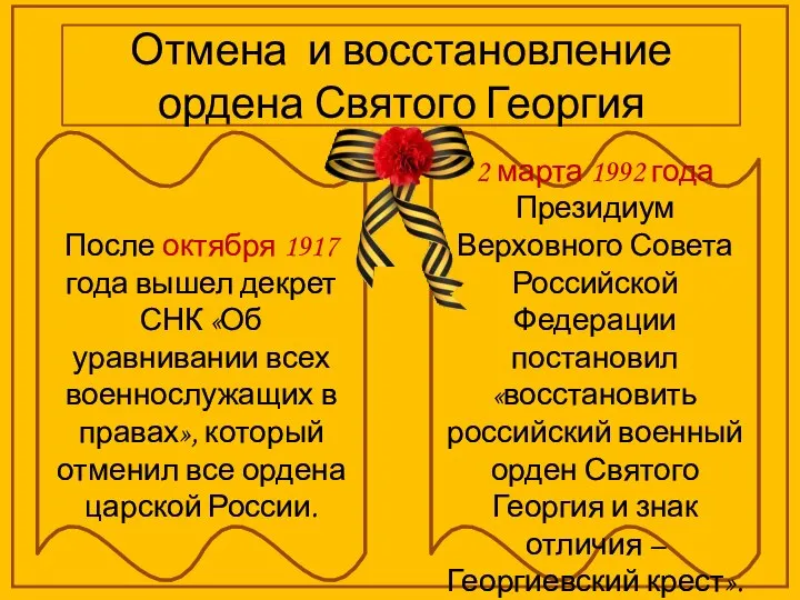 Отмена и восстановление ордена Святого Георгия После октября 1917 года вышел декрет