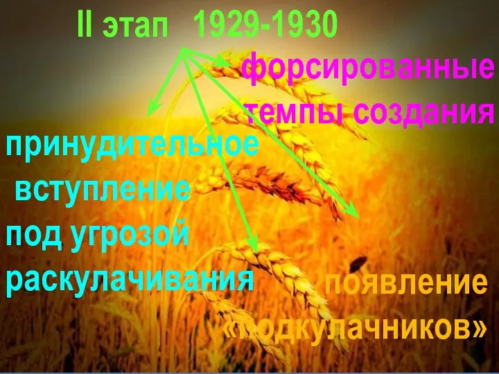 II этап 1929-1930 принудительное вступление под угрозой раскулачивания форсированные темпы создания появление «подкулачников»