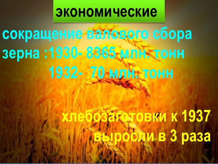 экономические сокращение валового сбора зерна :1930- 8365 млн. тонн 1932- 70 млн.