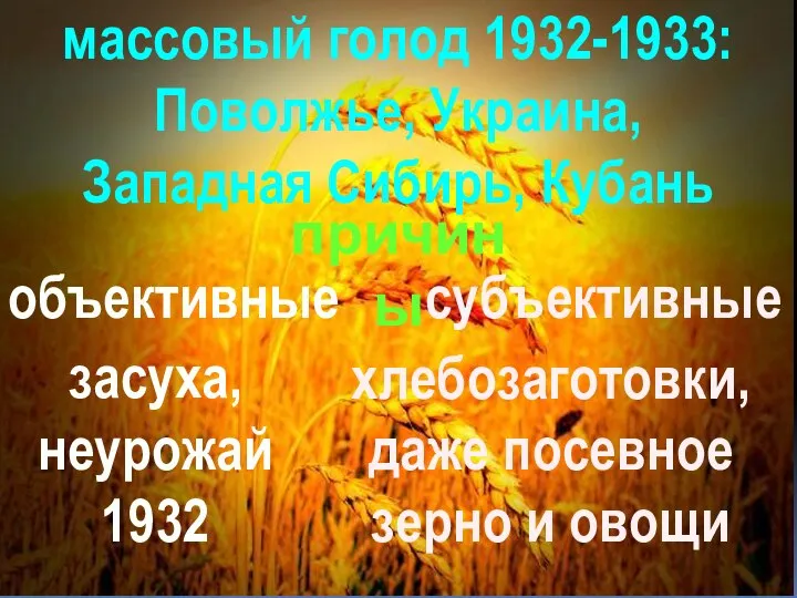 массовый голод 1932-1933: Поволжье, Украина, Западная Сибирь, Кубань причины объективные субъективные засуха,