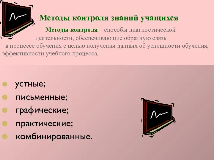 Методы контроля знаний учащихся Методы контроля – способы диагностической деятельности, обеспечивающие обратную