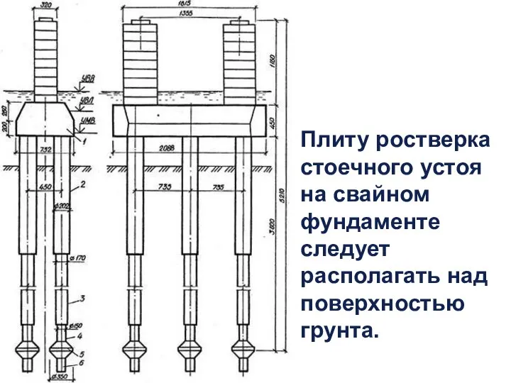 Плиту ростверка стоечного устоя на свайном фундаменте следует располагать над поверхностью грунта.