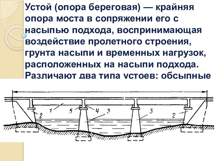 Устой (опора береговая) — крайняя опора моста в сопряжении его с насыпью
