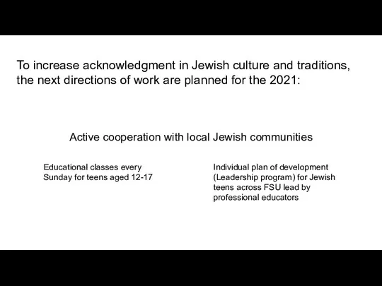 To increase acknowledgment in Jewish culture and traditions, the next directions of
