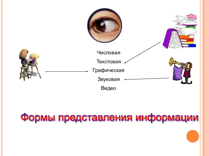 Числовая Текстовая Графическая Звуковая Видео Формы представления информации