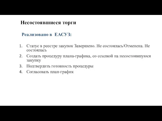 Несостоявшиеся торги Статус в реестре закупок Завершено. Не состоялась/Отменена. Не состоялась Создать