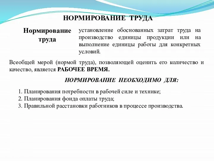 НОРМИРОВАНИЕ ТРУДА Нормирование труда установление обоснованных затрат труда на производство единицы продукции