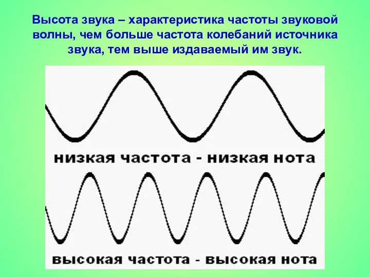 Высота звука – характеристика частоты звуковой волны, чем больше частота колебаний источника