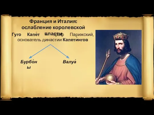 Франция и Италия: ослабление королевской власти Гуго Капе́т – граф Парижский, основатель династии Капети́нгов Бурбо́ны Валуа́