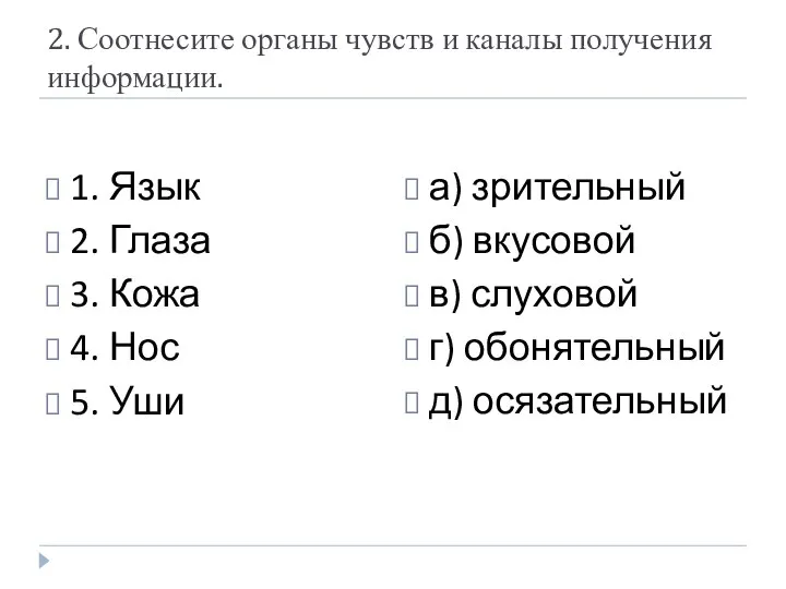 2. Соотнесите органы чувств и каналы получения информации. 1. Язык 2. Глаза