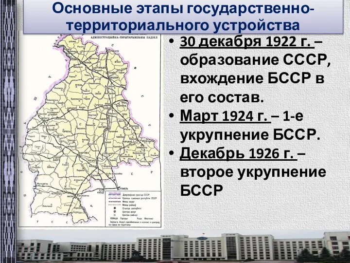 Основные этапы государственно-территориального устройства 30 декабря 1922 г. – образование СССР, вхождение