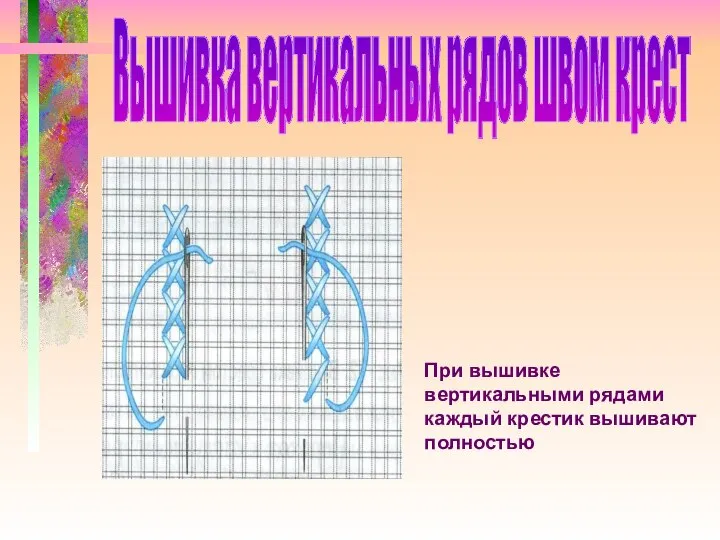 При вышивке вертикальными рядами каждый крестик вышивают полностью Вышивка вертикальных рядов швом крест