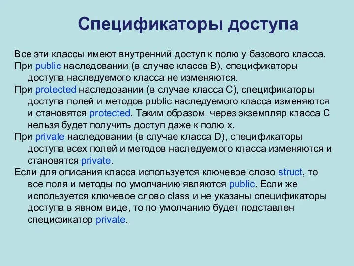 Спецификаторы доступа Все эти классы имеют внутренний доступ к полю y базового