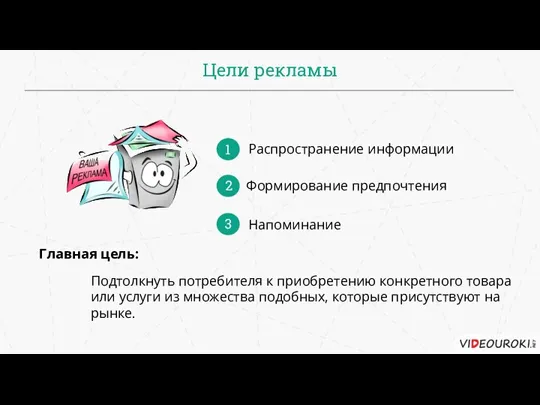 Цели рекламы Распространение информации 1 Формирование предпочтения Напоминание 2 3 Подтолкнуть потребителя