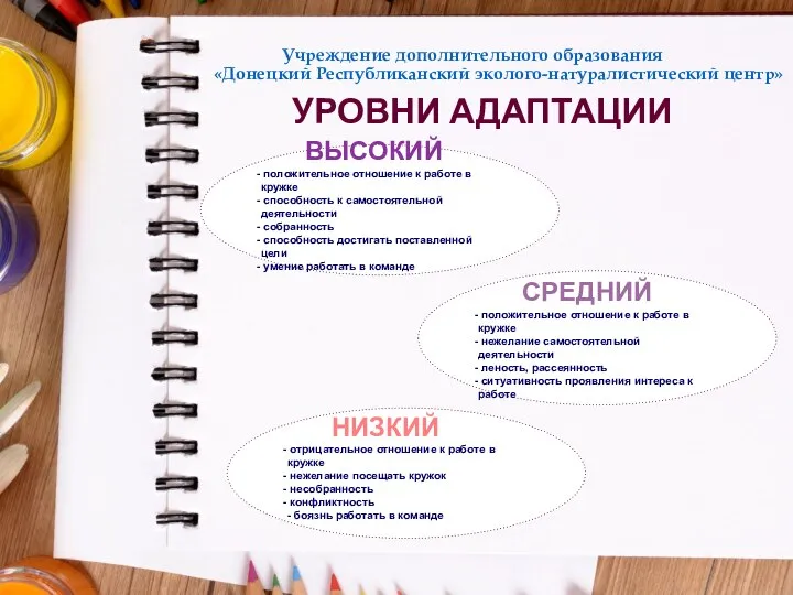 Учреждение дополнительного образования «Донецкий Республиканский эколого-натуралистический центр» УРОВНИ АДАПТАЦИИ ВЫСОКИЙ положительное отношение