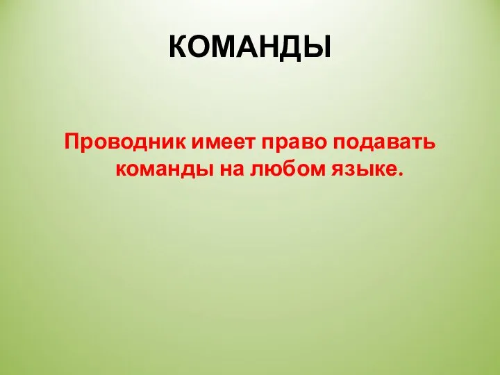 КОМАНДЫ Проводник имеет право подавать команды на любом языке.