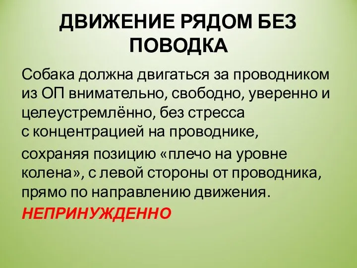 ДВИЖЕНИЕ РЯДОМ БЕЗ ПОВОДКА Собака должна двигаться за проводником из ОП внимательно,