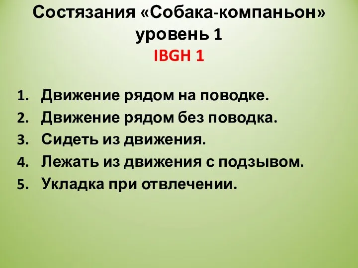 Состязания «Собака-компаньон» уровень 1 IBGH 1 Движение рядом на поводке. Движение рядом