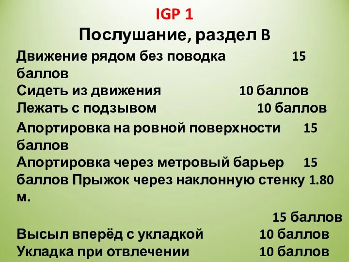 IGP 1 Послушание, раздел B Движение рядом без поводка 15 баллов Сидеть