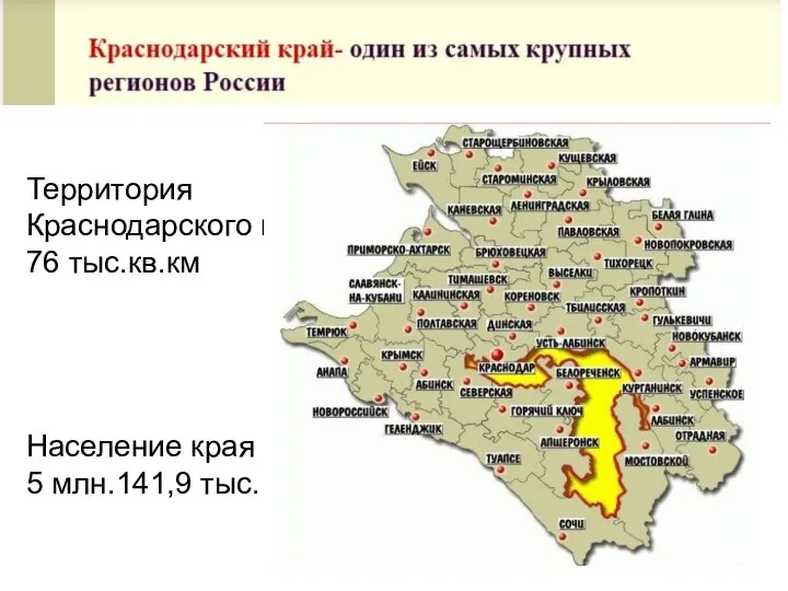 Территория Краснодарского края – 76 тыс.кв.км Население края составляет 5 млн.141,9 тыс. человек